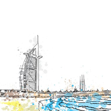 El sıçraması ile çizilmiş suluboya kroki. Burj Al Arab, Araplar, Dubai, Birleşik Arap Emirlikleri'nde lüks otel kulesi. Jumeirah Plajı önünde yapay ada üzerine kurulmuş. Vektör.