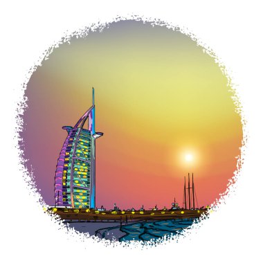 Burj Al Arab ışıkları gece, Araplar, Dubai, Birleşik Arap Emirlikleri'nde lüks otel kulesi. El sıçraması ile çizilmiş suluboya kroki. Vektör.