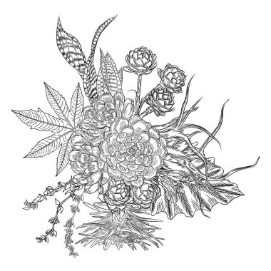 Succulents, kaktüs, yeşil bitkiler, çizim botanik bileşimi. Siyah beyaz handdrawn buket. Eti dövme kavramı. Boyama kitabı sayfası. Tüm çiçekler ayrı ayrı düzenlenebilir. Vektör.