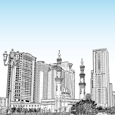 El ile gökdelenler bölgesinde Dubai Marina, Birleşik Arap Emirlikleri için çizilmiş kroki Camii. İllüstrasyon, vektör. 