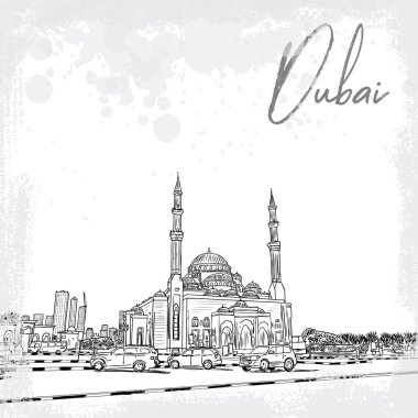El ile gökdelenler bölgesinde Dubai Marina, Birleşik Arap Emirlikleri için çizilmiş kroki Camii. İllüstrasyon, vektör. 