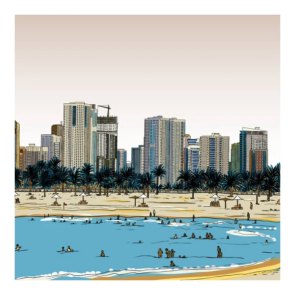 Bosquejo Dibujado Mano Marina Dubai Eau Ciudad Costa Playa Con — Vector de stock