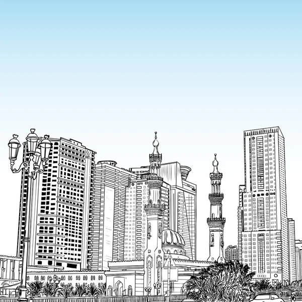Handgezeichnete Skizze Einer Moschee Mit Wolkenkratzern Dubai Marina District Uae — Stockvektor