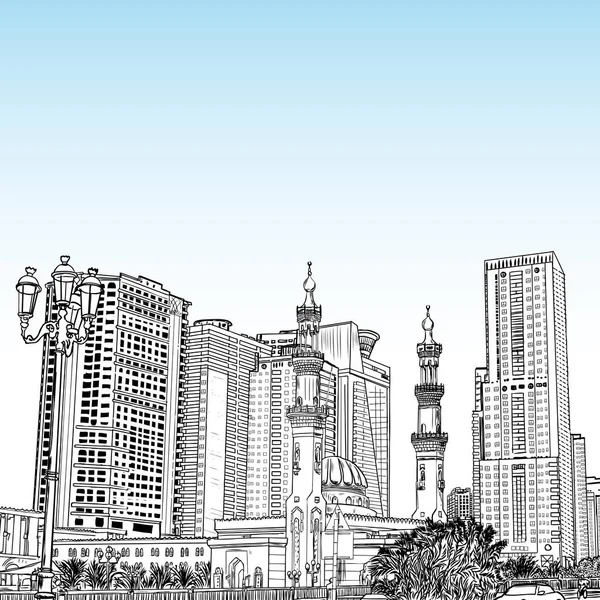 Desenho Feito Mão Mesquita Com Arranha Céus Distrito Dubai Marina —  Vetores de Stock