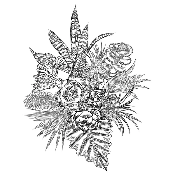 多肉植物 サボテン 観葉植物 植物図面の組成物 黒の白手描きの花束 肉のタトゥーのコンセプトです 本ページを着色します すべての花は 個別に編集できます ベクトル — ストックベクタ