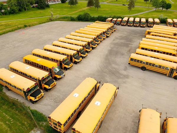 The parking full of school buses waiting for educational season. Row filled with many schoolbus ready to pick up students to school. Drone aerial view from above.