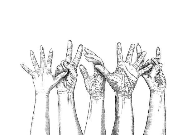 Кулаки Вручают Концепцию Единства Революции Борьбы Сотрудничества Мбаппе Работает Можно — стоковый вектор
