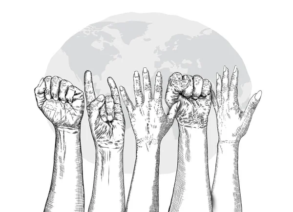 Багаторасові Кулаки Руки Вгору Концепція Можете Єдність Революція Боротьба Співпраця — стоковий вектор