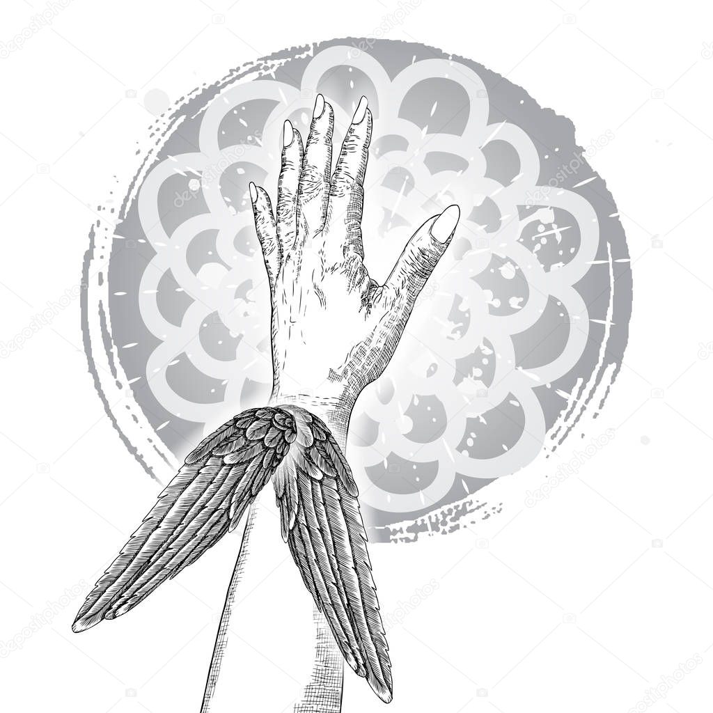 Woman hand gesture sketch. Girl wrist illustration. Hand drawn engraving style of female raise high up fist with wings. Vector.
