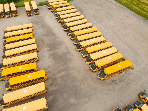 Κίτρινα Σχολικά Λεωφορεία Χώρο Στάθμευσης Βράδυ Μπροστινή Πλευρά Άποψη Στα — Φωτογραφία Αρχείου