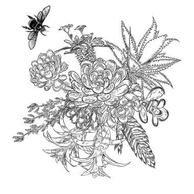 Egzotik buket böcekler ve uçan böcekler ile ayarla. Çiçekler. Çiçek koleksiyonu ile çeşitli bitkilerin. Sansevieria, yılan bitki, kırmızı zencefil, devekuşu plume, pembe koni, papatya, gül. Elle çizilmiş. Vektör.