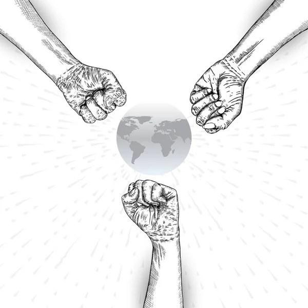 Сильны Вместе Сильная Концепция Поднятые Кулаки Чернильное Искусство Вектор — стоковый вектор