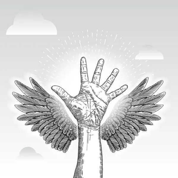Έννοια Της Φιλανθρωπίας Χέρι Δωρεά Αγάπη Και Φύλακας Άγγελος Φτερά — Διανυσματικό Αρχείο