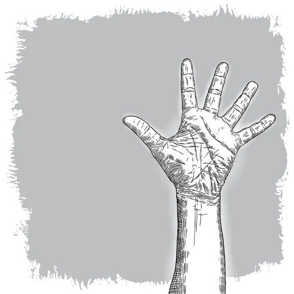 手势素描 男子手腕插图在垃圾的背景 手工画的雕刻风格的男性举起高拳头 — 图库矢量图片