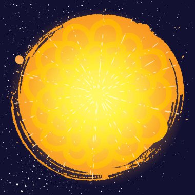 Dekoratif oryantal tarzda güneş veya ay yıldız ile karanlık yer '. Güneş madalyon süsleme. Etnik dekoratif ve detaylı. Kutsal ay veya güneş simya gizli ve mistik sembol. Eti dövme tasarım vektör.