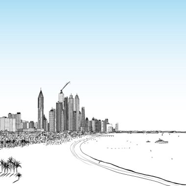Elle çizilmiş kroki Marina DUBAI Uae. Birleşik Arap Emirlikleri, kumlu plajları ile şehir ve sahil sahil. Resimde. Vektör. 