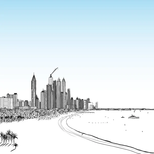 マリーナ ドバイ アラブ首長国連邦の手描きのスケッチ アラブ首長国連邦での砂のビーチとシティとビーチの海岸 イラスト ベクトル — ストックベクタ