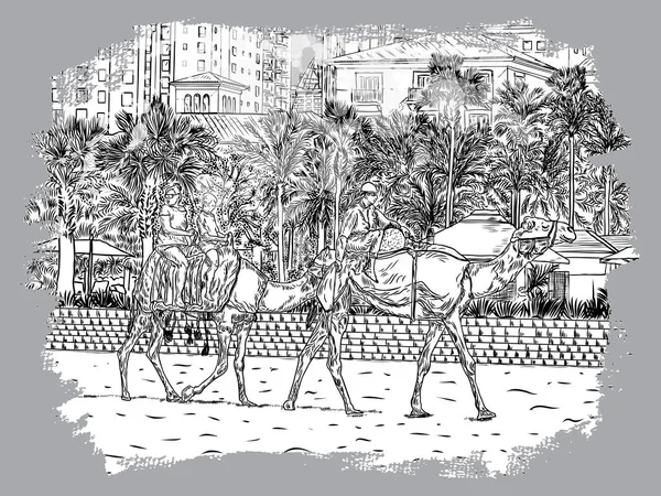 ジュメイラビーチとドバイ アラブ首長国連邦での背景の高層ビルの観光魅力とラクダ 手描きのスケッチ ベクトル — ストックベクタ