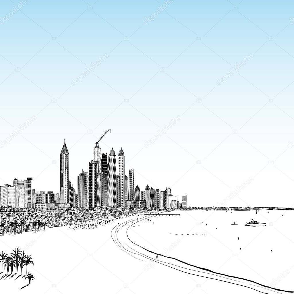 Hand drawn sketch of Marina Dubai UAE. City and beach coast with sand beaches at United Arab Emirates. Illustration. Vector. 