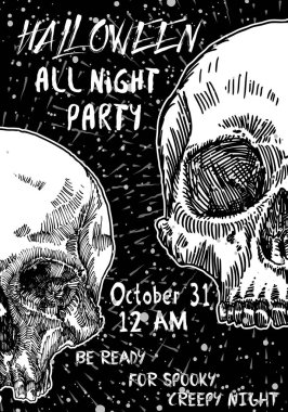 Şık siyah-beyaz Cadılar Bayramı daveti poster ve kart kafatasları arka plan ile. Yazdırılabilir el flayer şablon metin için yer ile tebrik Cadılar Bayramı çekilmiş. Vektör.