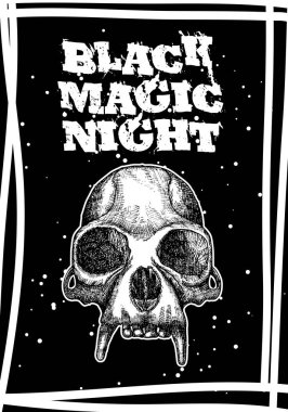 Cadılar Bayramı tatil siyah kartı iblis kafatası ile. Elle çizilmiş el ilanı posterler ve el yazısı yazı metin kelime teklif ve ifade ile tebrik kartı. Vektör.