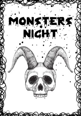 Cadılar Bayramı tatil siyah kartı iblis kafatası ile. Elle çizilmiş el ilanı posterler ve el yazısı yazı metin kelime teklif ve ifade ile tebrik kartı. Vektör.