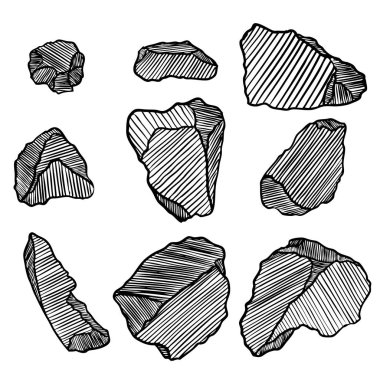 Taş çizilmiş stil ver. Farklı kayalar büyük kümesi. Resimli kırık ve hasar görmüş taşlar moloz mimari tasarım koleksiyonu. Altın külçe veya prill. Vektör.