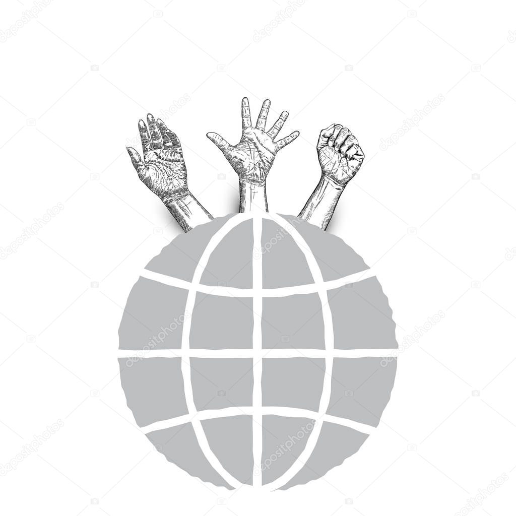 Three fists raised in protest on earth map background. Ink style poster. Protest, strength, freedom, revolution, rebel, revolt concept. Vector.