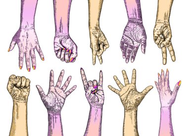 Çok ırklı yumruklarını Kaldır ellerini. Kavram Evet yapabilirsin, birlik, devrim, kavga, işbirliği. Mürekkep tasarım. Ekip çalışması, metin için yer ile yaratıcı sembolü. Vektör.