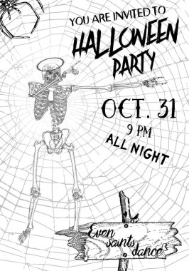 Cadılar Bayramı dikey arka plan Dab dans iskeletler ile. Cadılar Bayramı partisi ve gece için el ilanı veya davetiye şablon. Hat selamlar, Bütün gece Ölünün Dansı'el yazısı. Vektör.