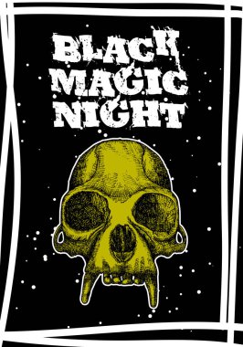 Cadılar Bayramı tatil siyah kartı iblis kafatası ile. Elle çizilmiş el ilanı posterler ve el yazısı yazı metin kelime teklif ve ifade ile tebrik kartı. Vektör.