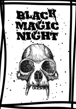 Cadılar Bayramı tatil siyah kartı iblis kafatası ile. Elle çizilmiş el ilanı posterler ve el yazısı yazı metin kelime teklif ve ifade ile tebrik kartı. Vektör.