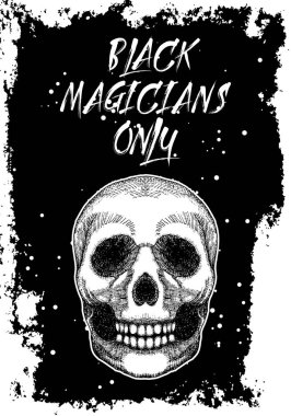 Cadılar Bayramı gecesi kartı kafatası ile. Elle çizilmiş siyah davet broşür veya tebrik kartı yazı veya metin ile. Vektör.