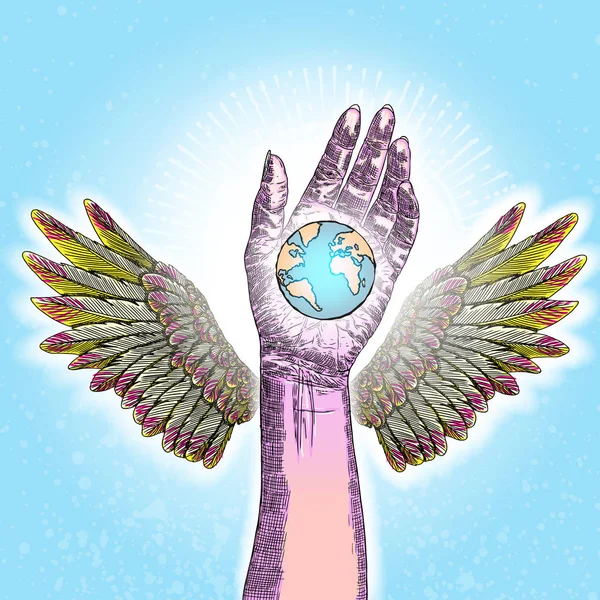 緑の世界の概念 天使の守護者の手の中の地球 概念を保存する惑星を保持している翼を持つ手 生態学では スケッチをいたずら書き ベクトル — ストックベクタ