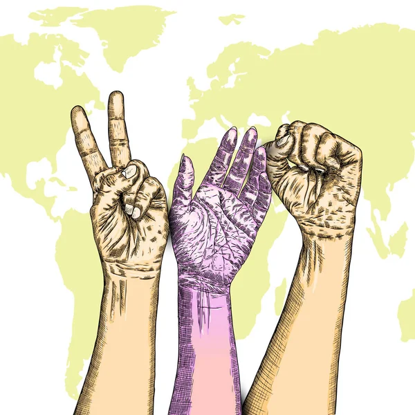 Поднятые Руки Кулаком Гранж Фоне Карты Земли Плакат Стиле Тушь — стоковый вектор