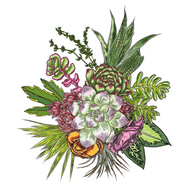 Buquê Flores Coleção Floral Com Várias Plantas Exóticas Selva Planta — Vetor de Stock