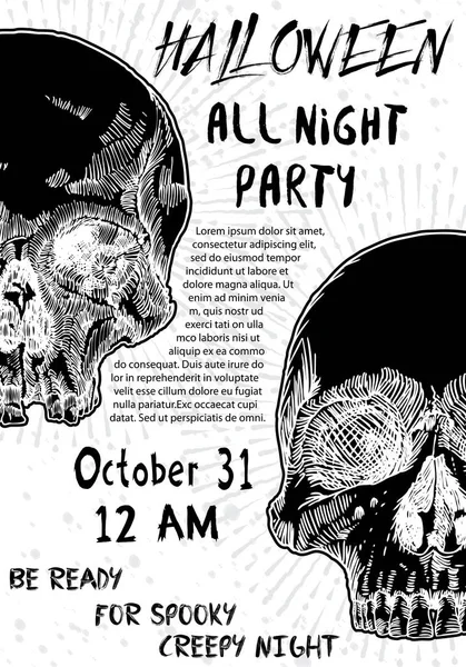 Halloween Kostümparty Einladung Und Grußkarte Flyer Banner Plakatvorlage Handgezeichnete Schädel — Stockvektor