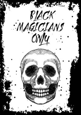 Cadılar Bayramı gecesi kartı kafatası ile. Elle çizilmiş siyah davet broşür veya tebrik kartı yazı veya metin ile. Vektör.