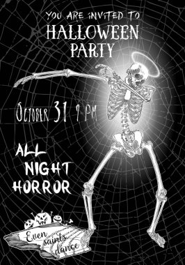 Cadılar Bayramı dikey arka plan Dab dans iskeletler ile. Cadılar Bayramı partisi ve gece için el ilanı veya davetiye şablon. Hat selamlar, Bütün gece Ölünün Dansı'el yazısı. Vektör.