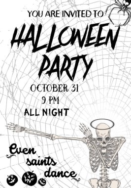 Cadılar Bayramı dikey arka plan Dab dans iskeletler ile. Cadılar Bayramı partisi ve gece için el ilanı veya davetiye şablon. Hat selamlar, Bütün gece Ölünün Dansı'el yazısı. Vektör.