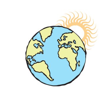 Güneş ile dünya illüstrasyon karikatür simgesi. Mavi ve yeşil renkli el çizilmiş resim amblemi. Kroki dövme sanat doodle tarzı. Vektör.