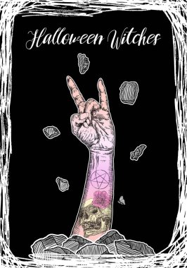 Cadılar Bayramı tatil siyah kart el çizimi ile beyaz. Elle çizilmiş el ilanı posterler ve el yazısı yazı metin kelime teklif ve ifade ile tebrik kartı. Vektör.