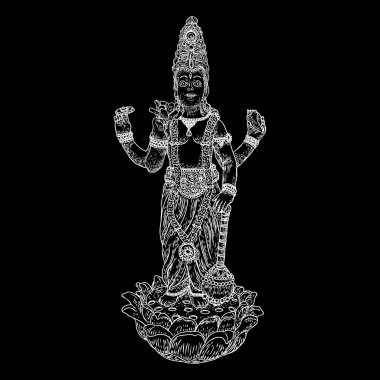 Lord Vishnu nilüfer çiçeğinin üzerinde duruyor ve klasik imgelemde kutsanmış el çizimi yapıyor. Hindu Tanrısı. Vektör.