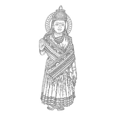 Devi Parvati klasik Hindu tanrısı el çizimi. Vektör.