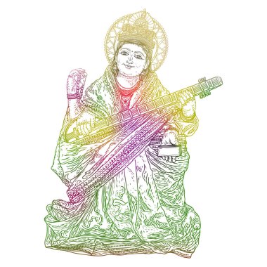 El Tanrıça Saraswati illüstrasyon Vasant Panchami Puja Hindistan için çekilmiş. Öğrenme, müzik, sanat ve Bilgelik tanrıçası. Vektör.