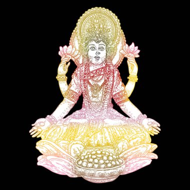 Lakshmi bir Hindu ve Vaishnava zenginlik ve refah, Vişnu'nın karısı ve bir sembol Diwali, Hindistan'ın bir ışık Festivali tanrıçasıdır. Elle çizilmiş vektör.