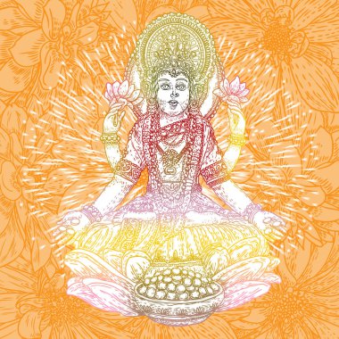 Lakshmi bir Hindu ve Vaishnava zenginlik ve refah, Vişnu'nın karısı ve bir sembol Diwali, Hindistan'ın bir ışık Festivali tanrıçasıdır. Elle çizilmiş vektör.