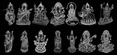Set of Gods for Indian festivals, Puja in Dussehra Vijayadashami Navratri, for Ganesh Chaturthi or Vinayaka and Chavithi, for Maha Shiwaratri or Shivratri, for Diwali and for Vasant Panchami. Vector.  clipart