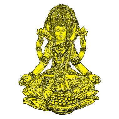 Lakshmi bir Hindu ve Vaishnava zenginlik ve refah, Vişnu'nın karısı ve bir sembol Diwali, Hindistan'ın bir ışık Festivali tanrıçasıdır. Elle çizilmiş vektör.