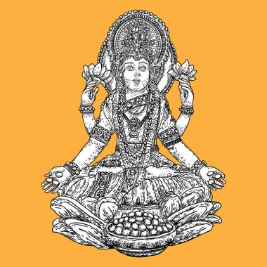 Lakshmi bir Hindu ve Vaishnava zenginlik ve refah, Vişnu'nın karısı ve bir sembol Diwali, Hindistan'ın bir ışık Festivali tanrıçasıdır. Elle çizilmiş vektör.